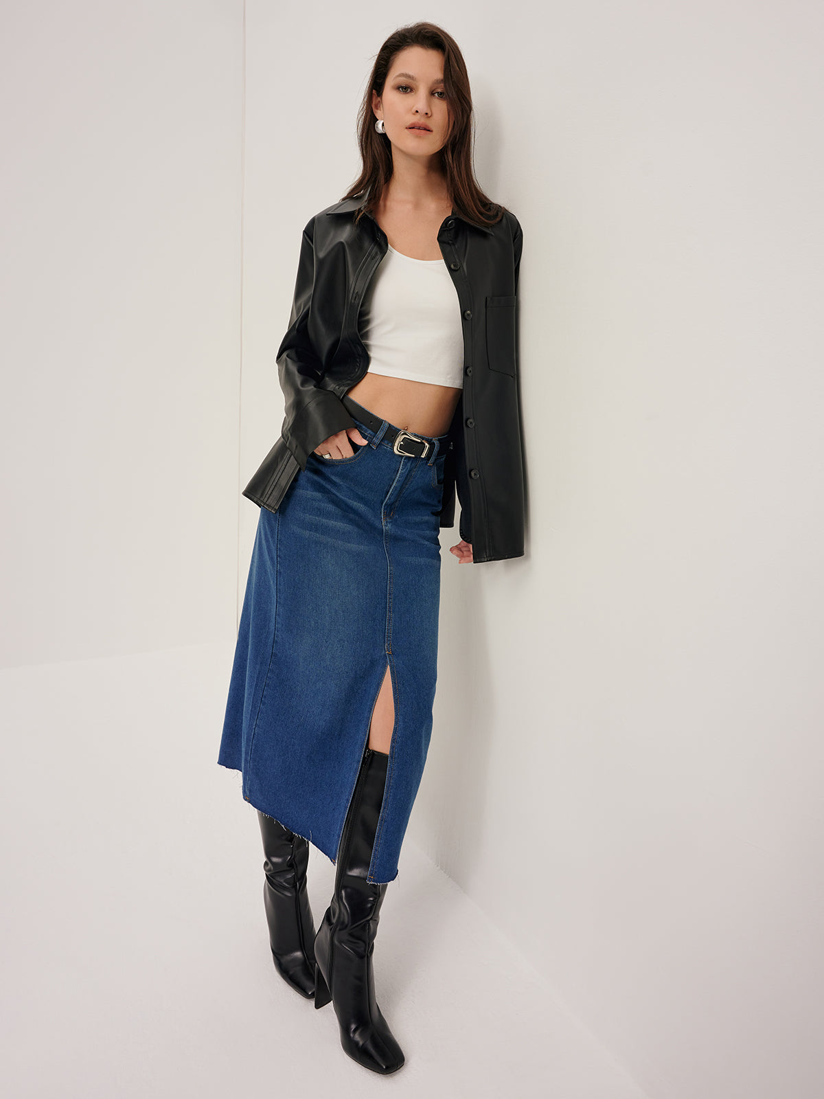 Callistari Plain Faux Leather Lapel Shirt-CALLISTARI