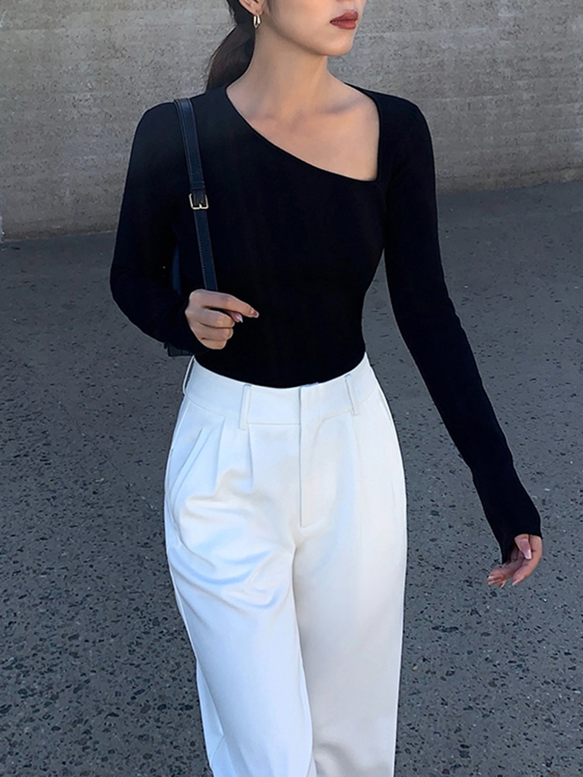 Callistari Asymmetrical Plain Long Sleeve T-Shirt-CALLISTARI