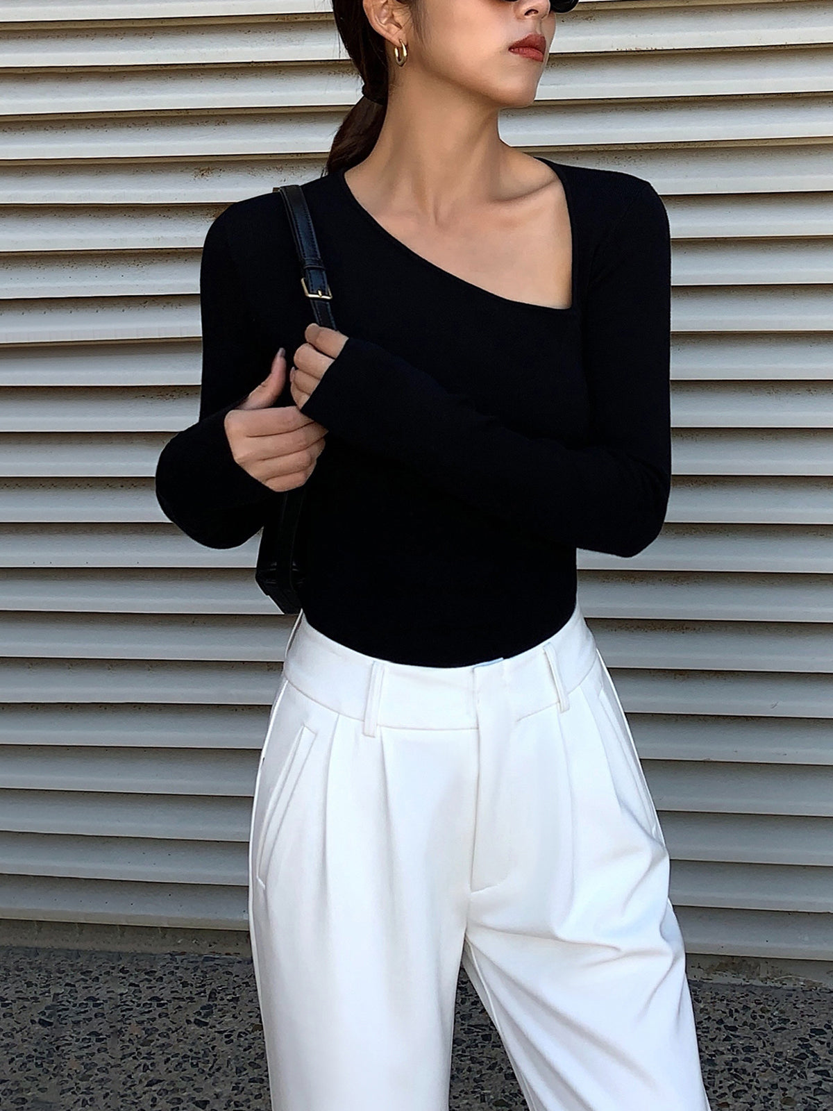 Callistari Asymmetrical Plain Long Sleeve T-Shirt-CALLISTARI