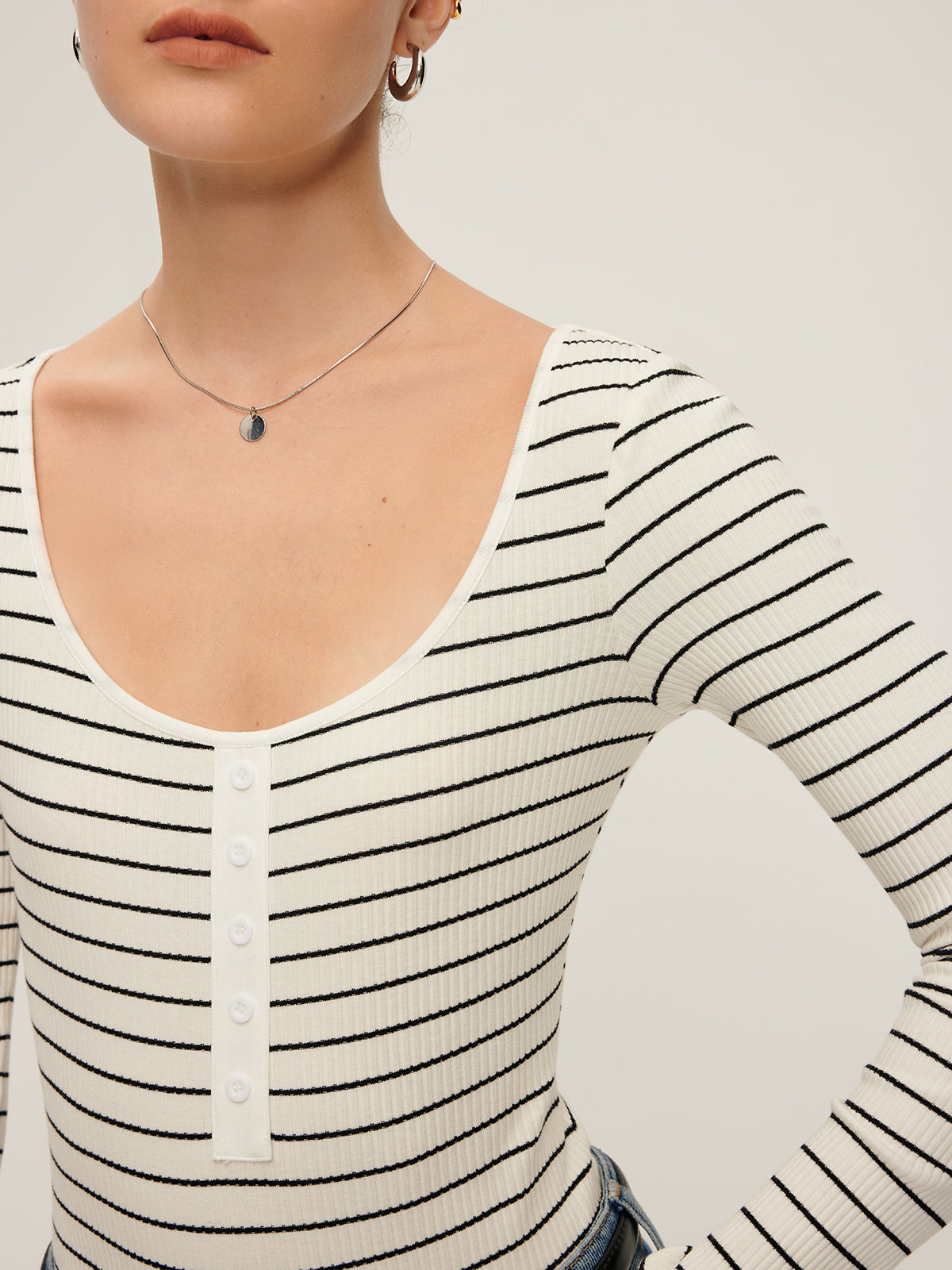 Callistari Striped Breasted Ribbed Bodysuit-CALLISTARI