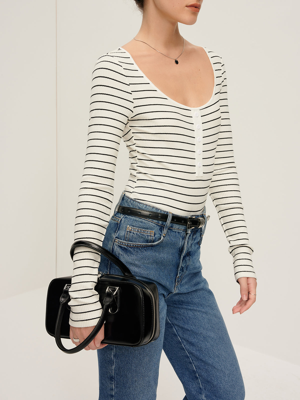 Callistari Striped Breasted Ribbed Bodysuit-CALLISTARI