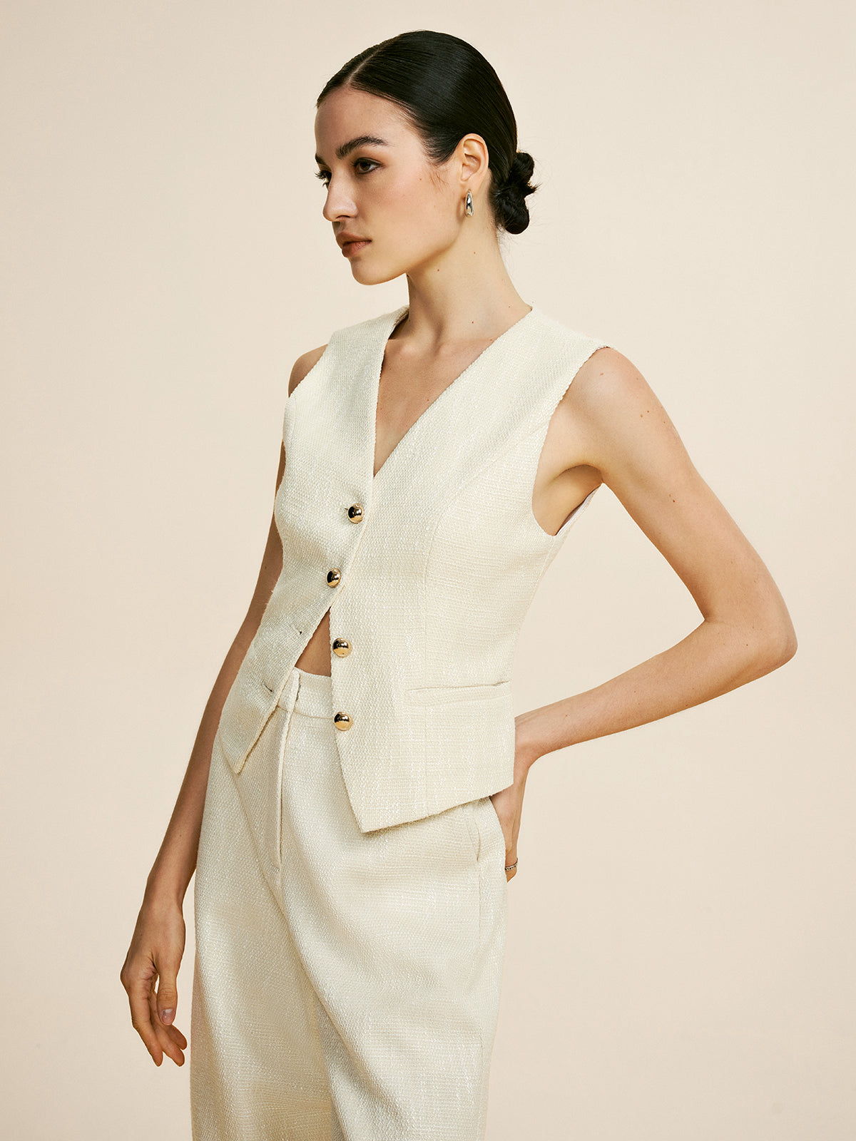 Tweed Sleeveless Baggy Pants Set-CALLISTARI