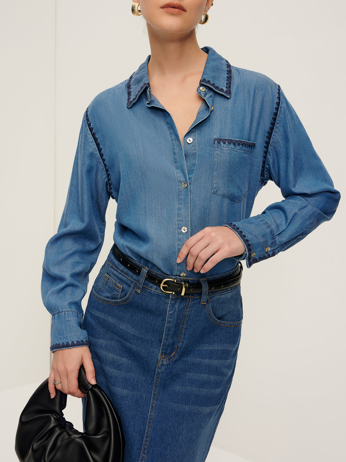 Callistari Embroidered Trim Lapel Denim Shirt-CALLISTARI