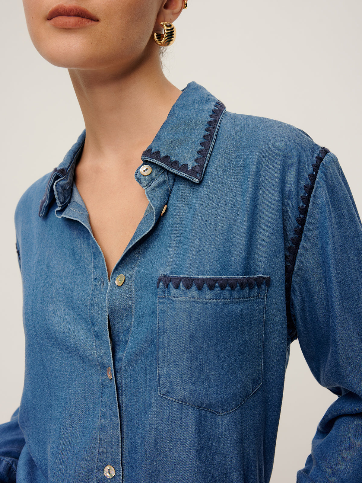 Callistari Embroidered Trim Lapel Denim Shirt-CALLISTARI