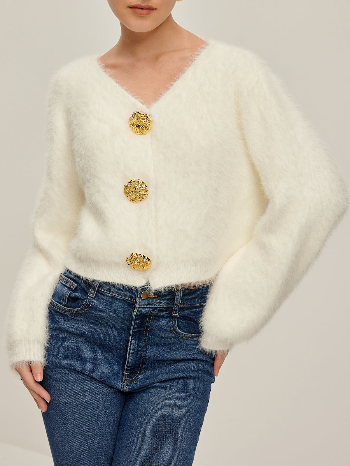 Fuzzy Golden Button Cardigan-CALLISTARI