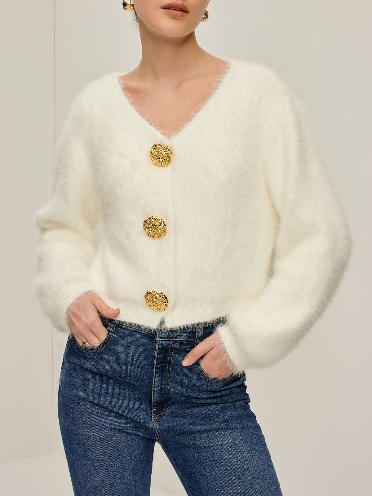 Fuzzy Golden Button Cardigan-CALLISTARI