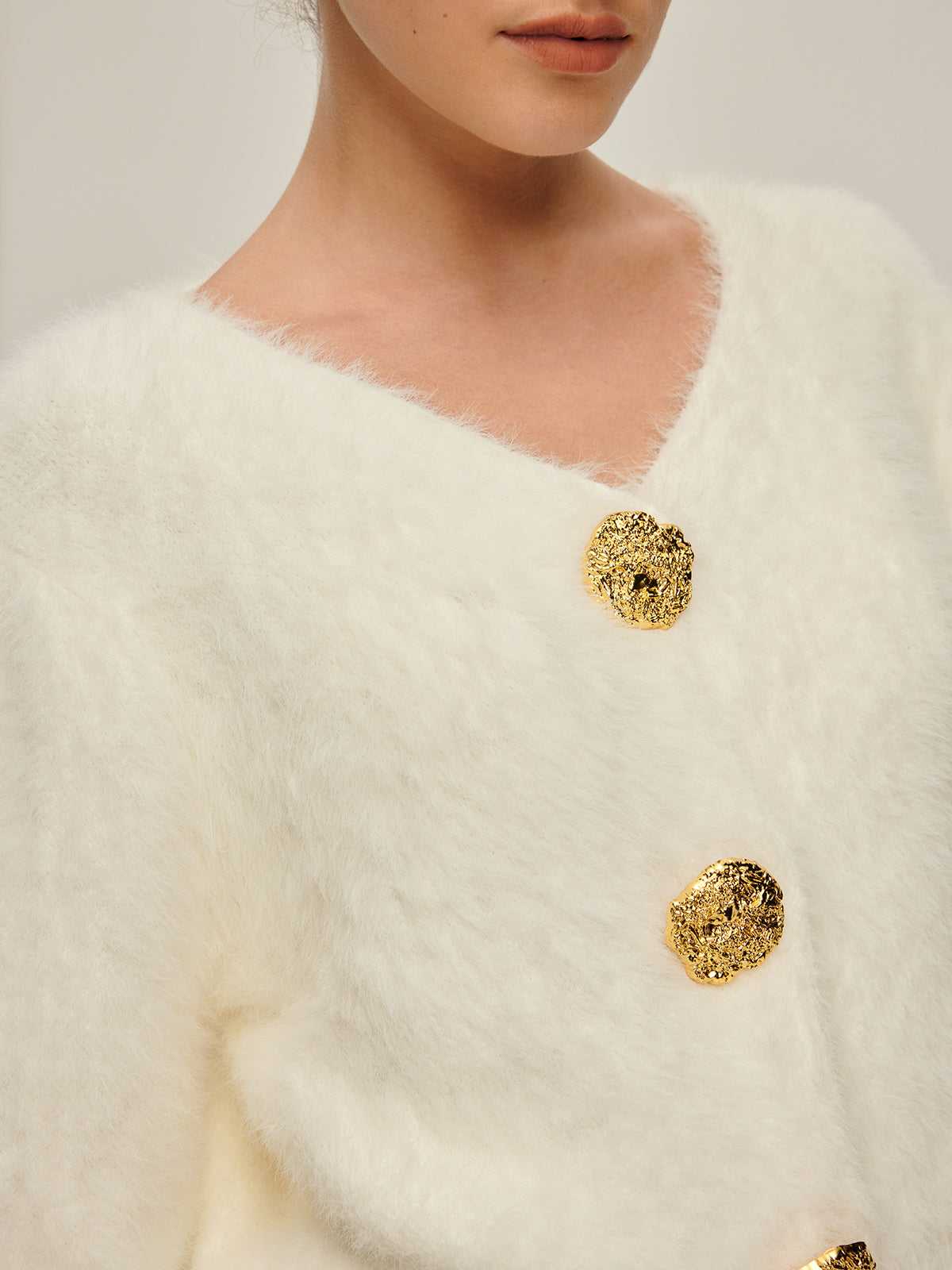Fuzzy Golden Button Cardigan-CALLISTARI