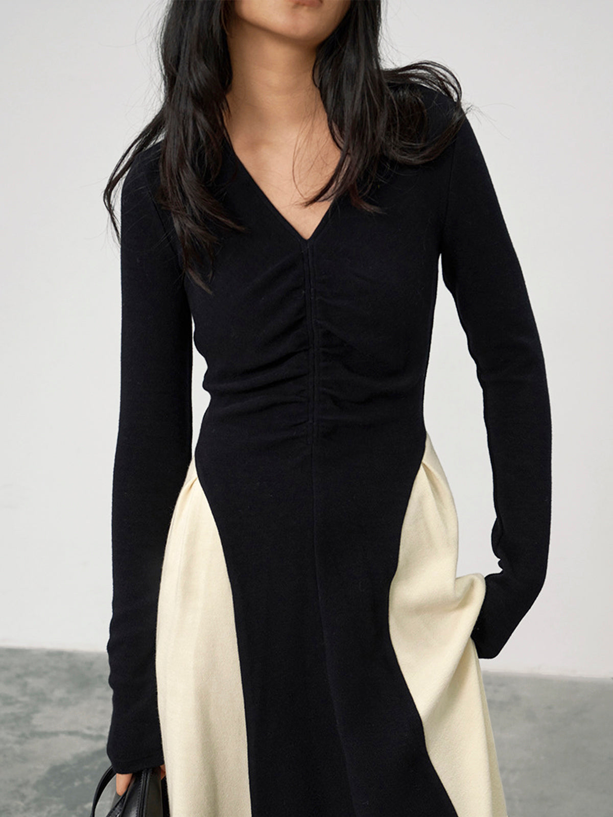 Callistari V-Neck Panel Pleated Long Dress-CALLISTARI