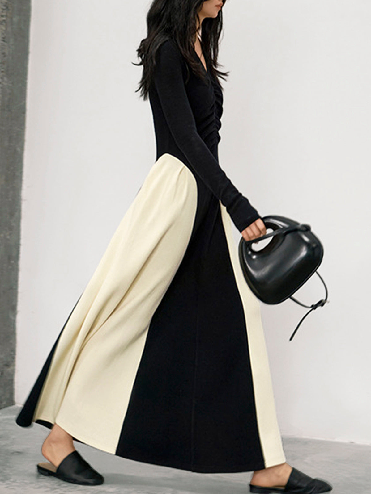 Callistari V-Neck Panel Pleated Long Dress-CALLISTARI