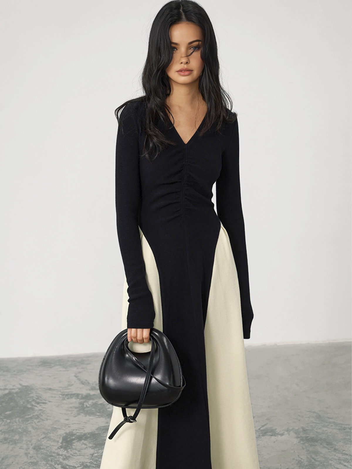 Callistari V-Neck Panel Pleated Long Dress-CALLISTARI