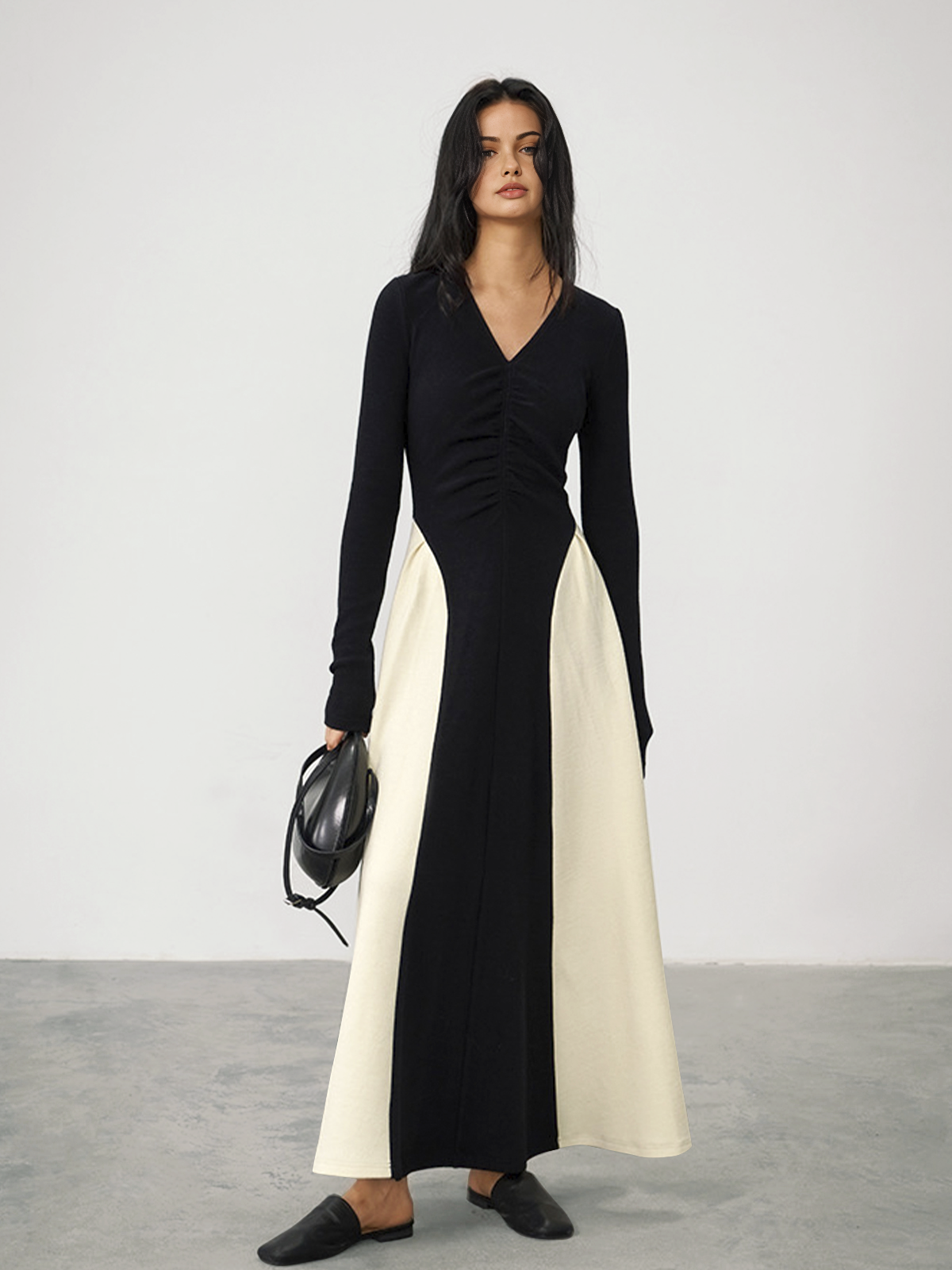 Callistari V-Neck Panel Pleated Long Dress-CALLISTARI