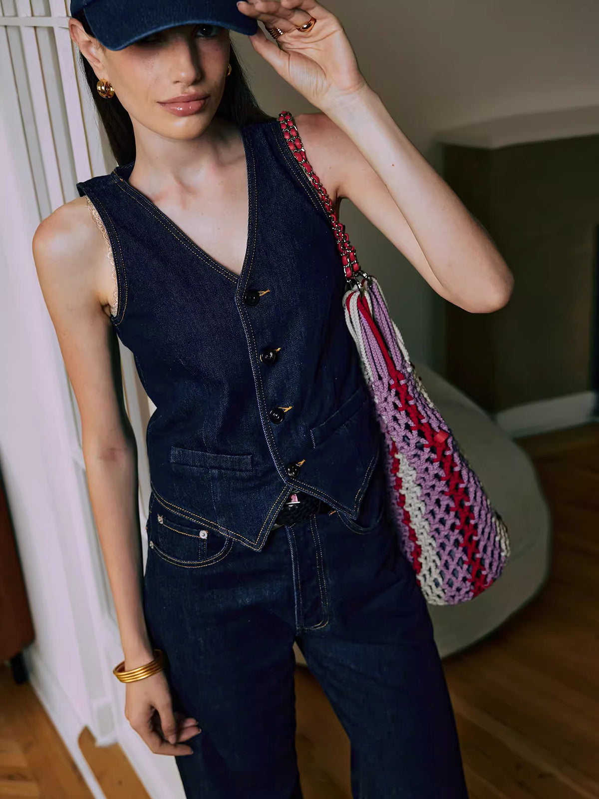 Denim Vest With Back Belt-CALLISTARI
