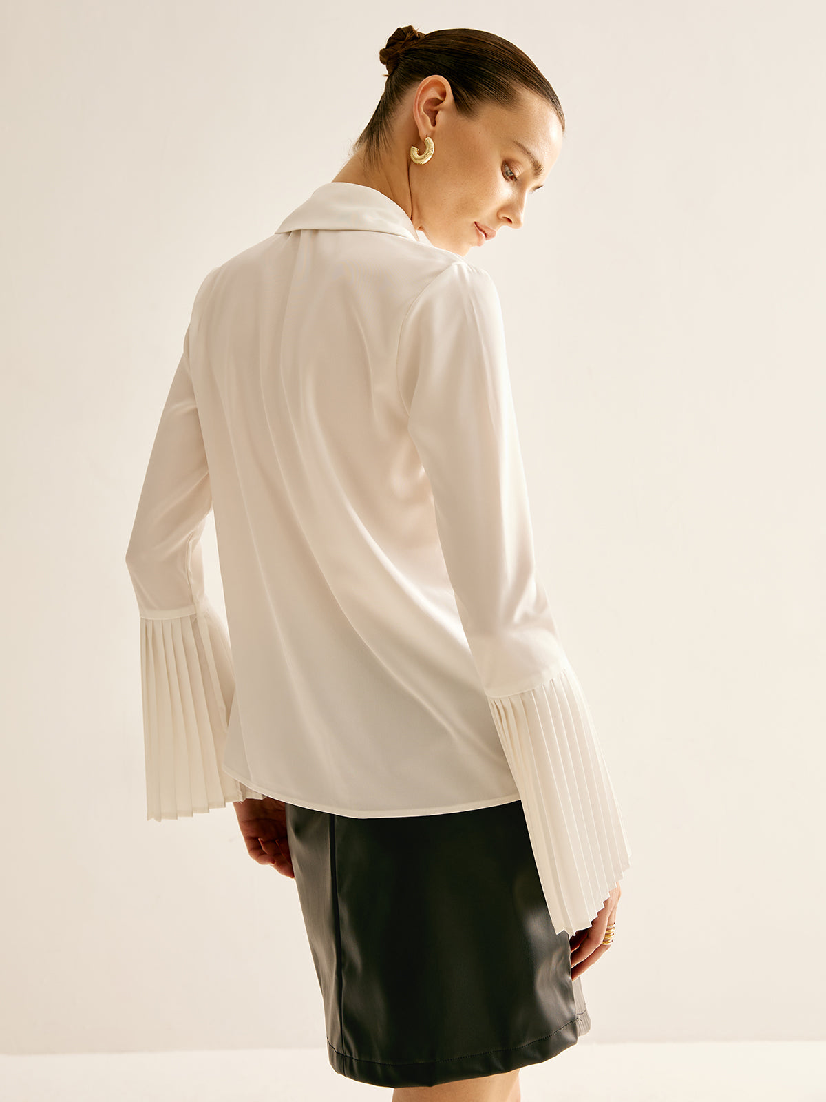 Callistari Cutout Plain Button Pleated Cuff Shirt-CALLISTARI