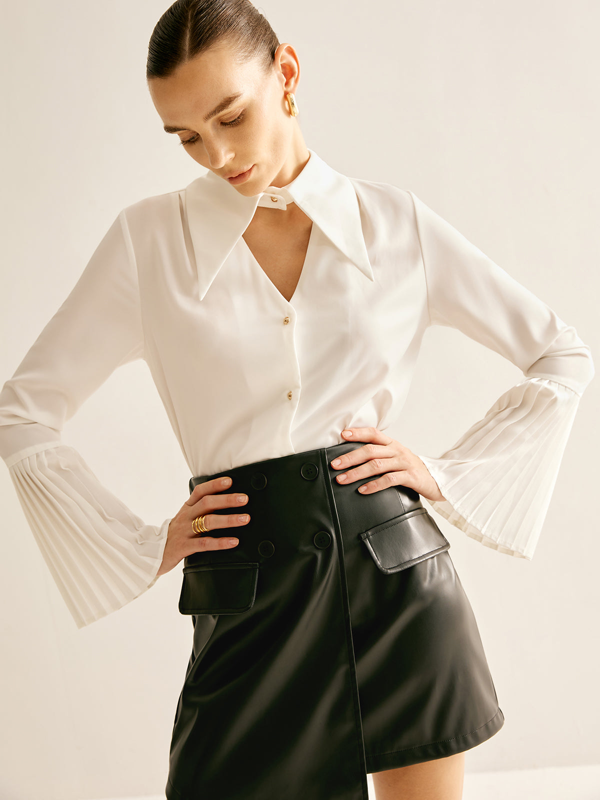 Callistari Cutout Plain Button Pleated Cuff Shirt-CALLISTARI