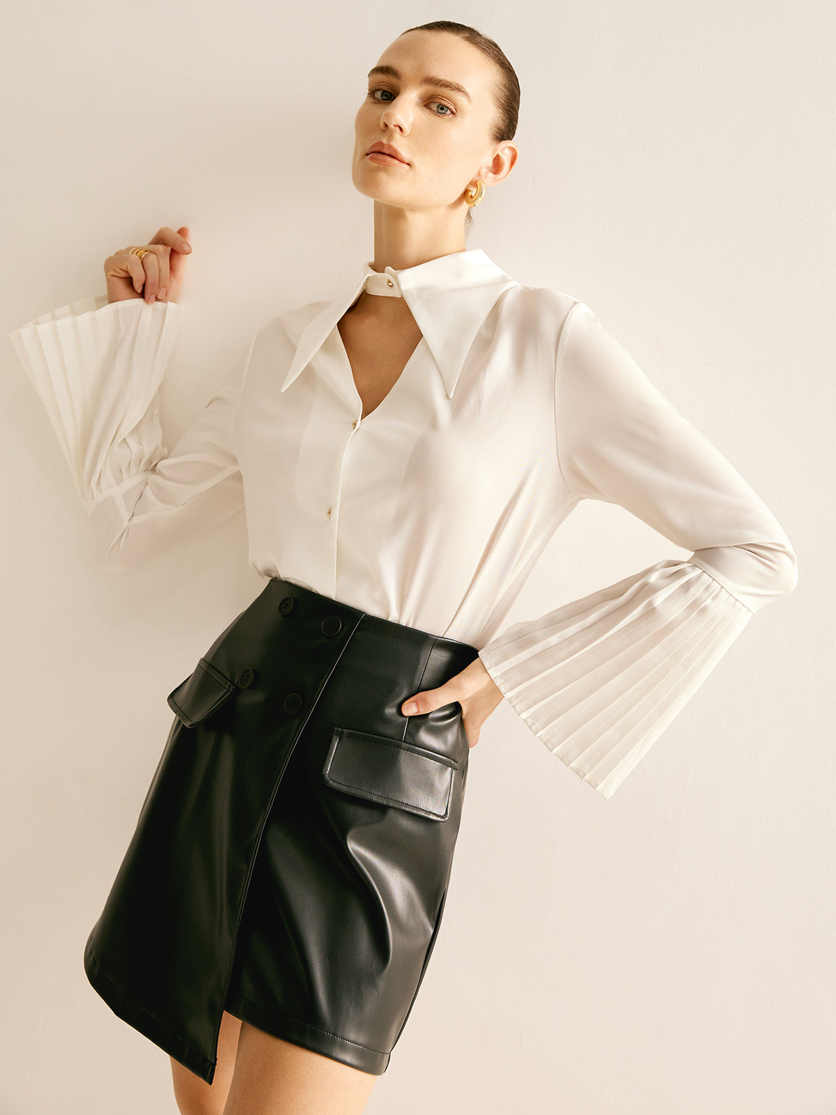 Callistari Cutout Plain Button Pleated Cuff Shirt-CALLISTARI