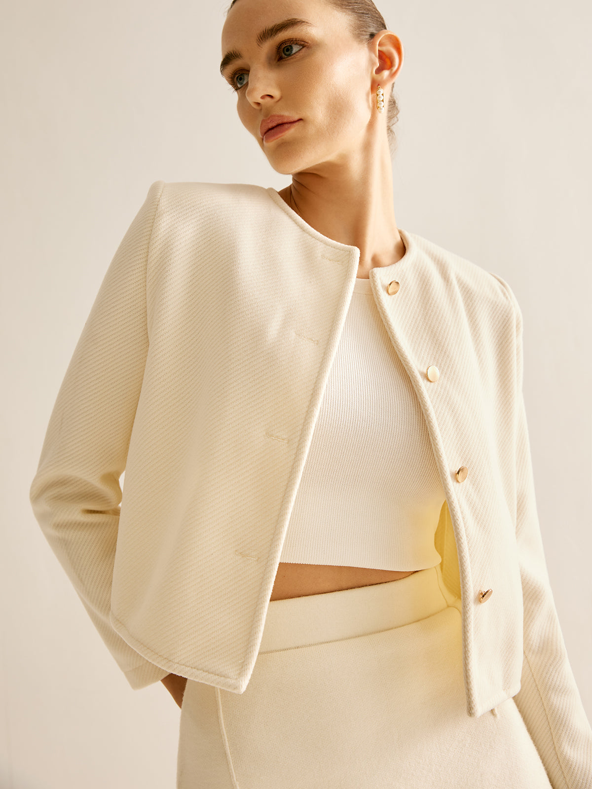 Elegant Crew Neck Tweed Blazer-CALLISTARI