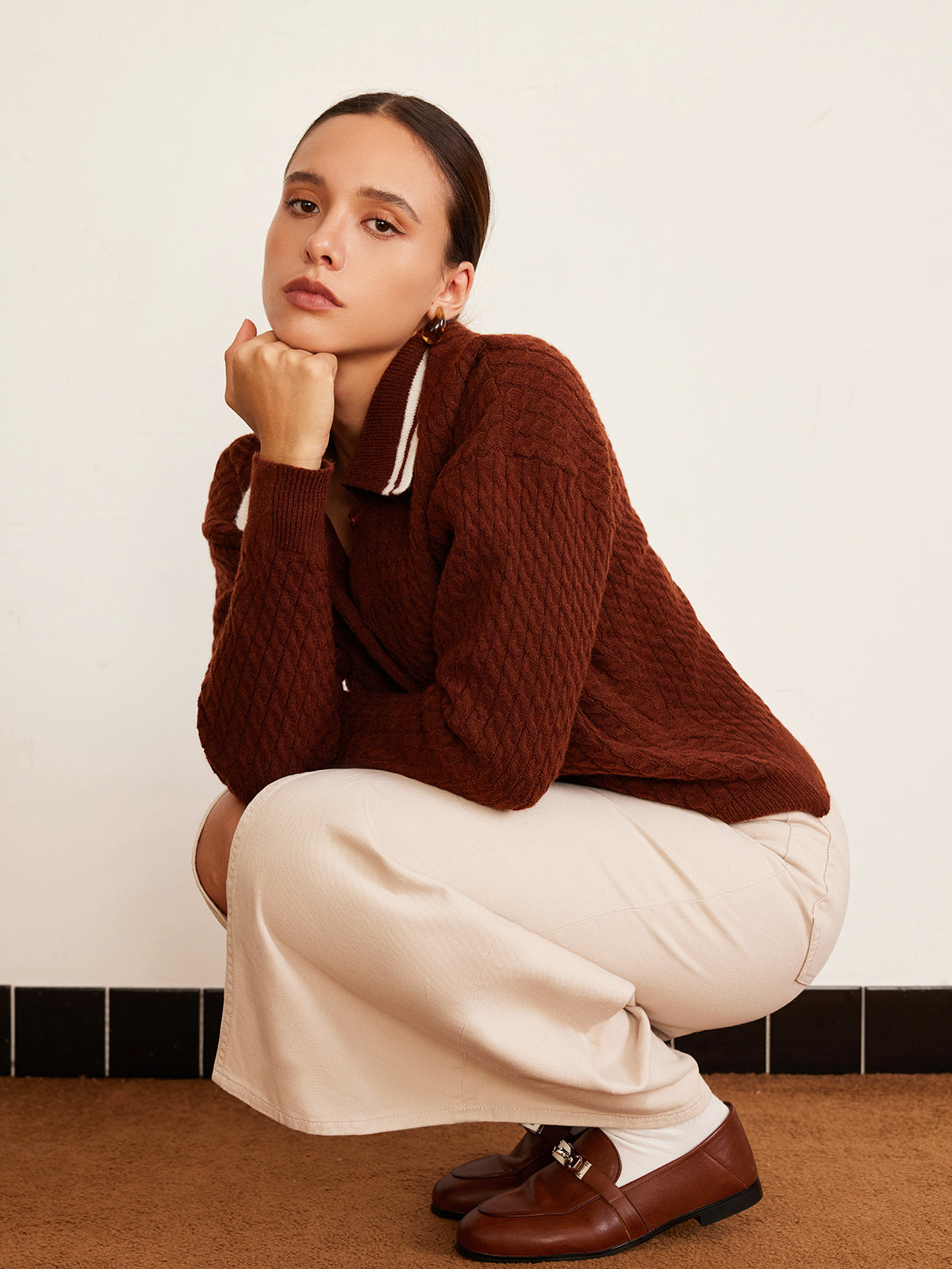 Cable Knit Button Polo Sweater-CALLISTARI