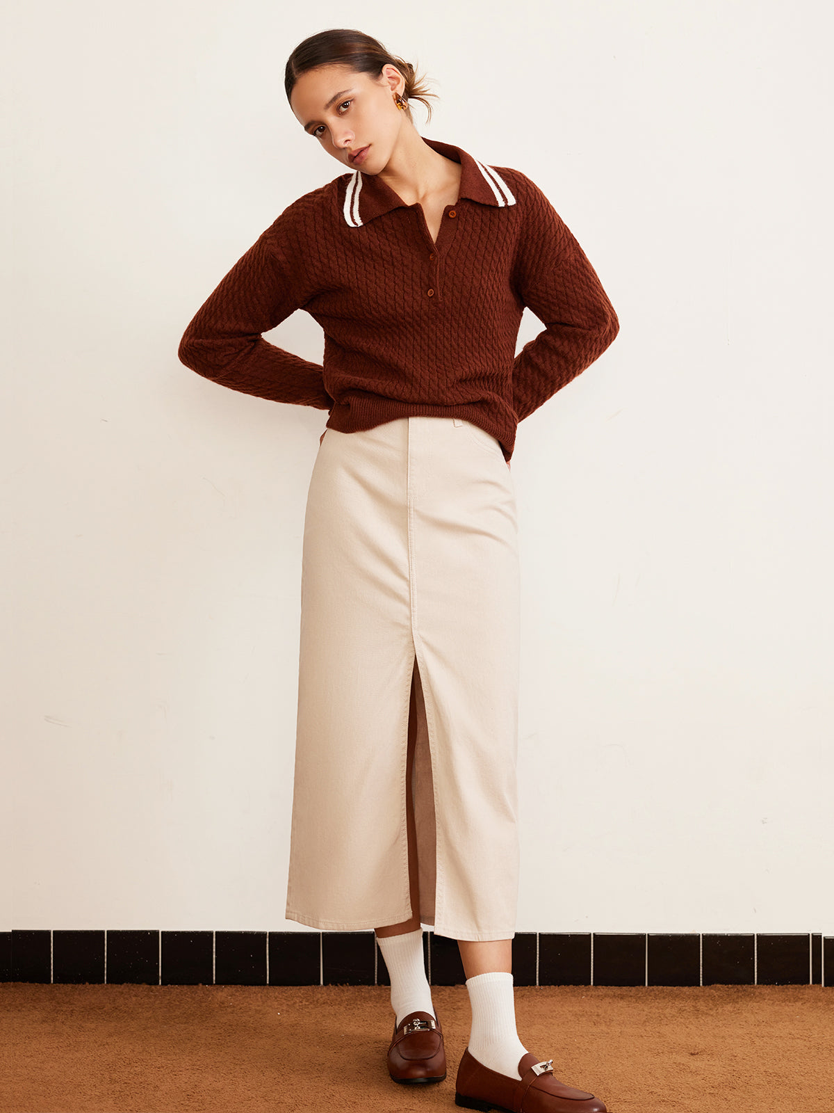 Cable Knit Button Polo Sweater-CALLISTARI