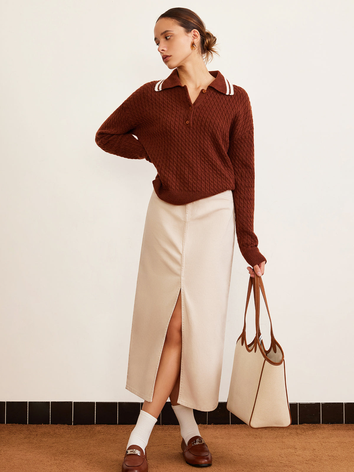 Cable Knit Button Polo Sweater-CALLISTARI