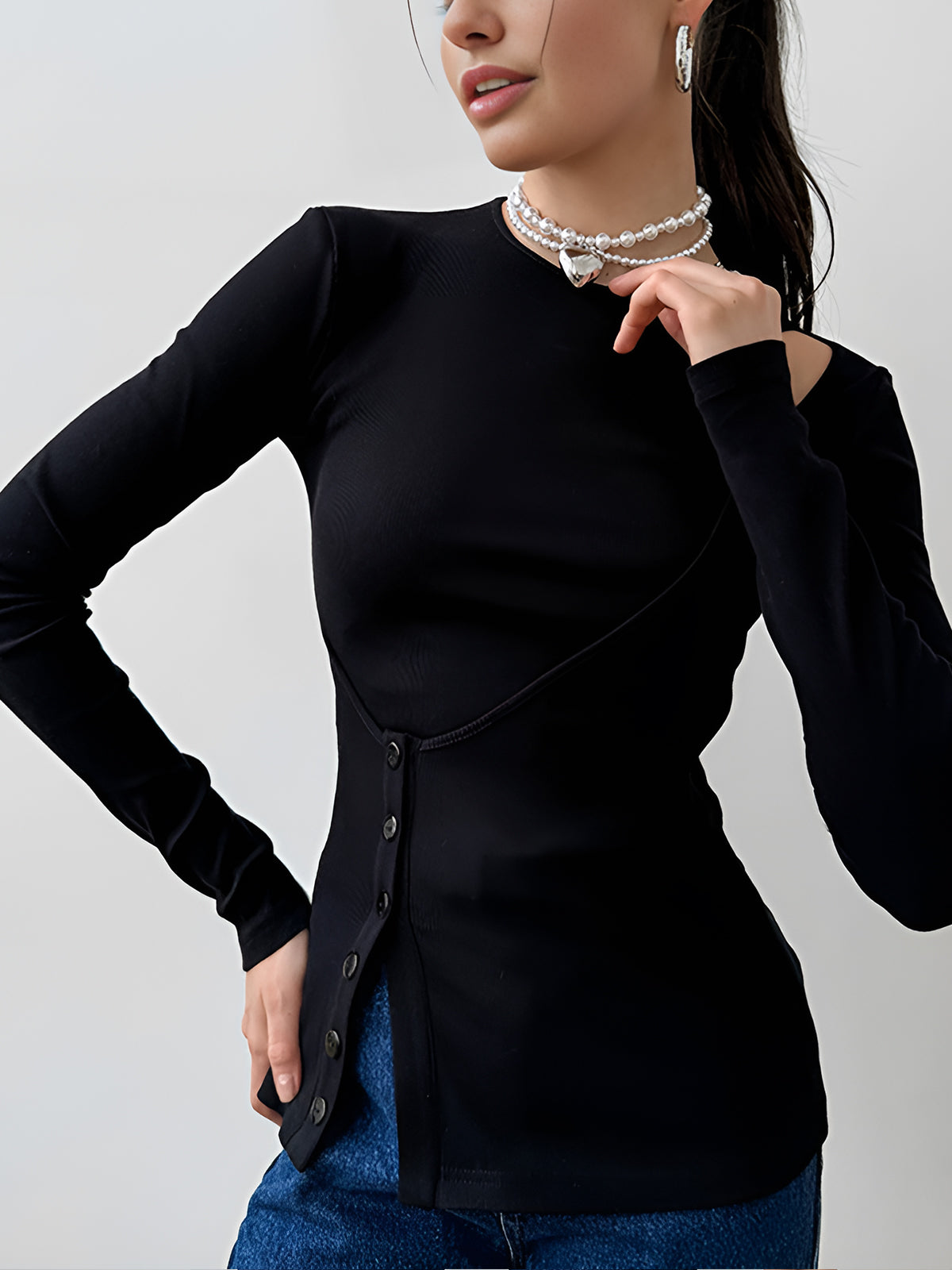 Callistari Cutout Panel Button Blouse-CALLISTARI