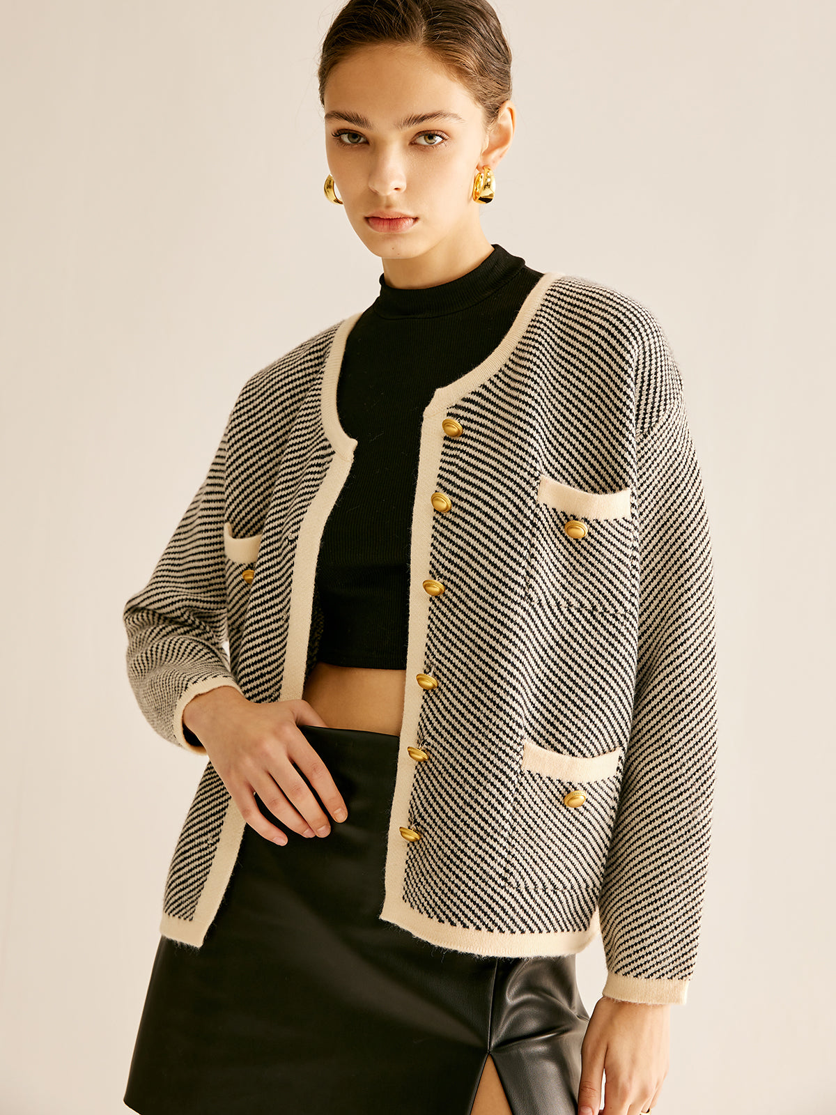 Callistari Contrast Trim Pockets Knit Outerwear-CALLISTARI