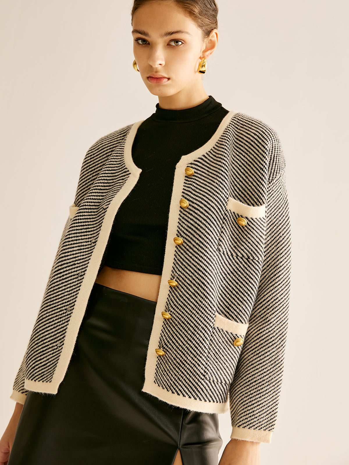 Callistari Contrast Trim Pockets Knit Outerwear-CALLISTARI