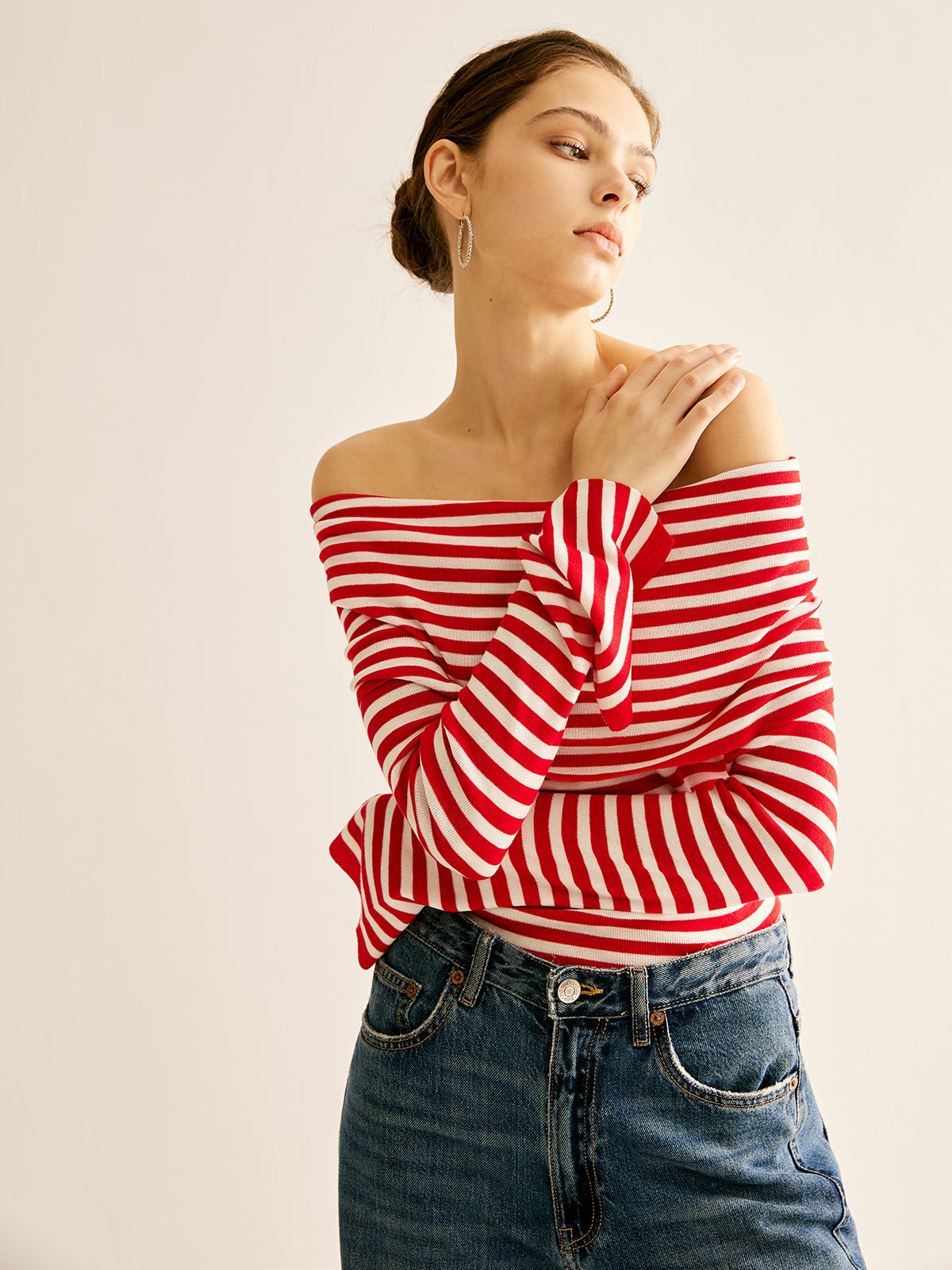 Off-Shoulder Striped Knit Top-CALLISTARI