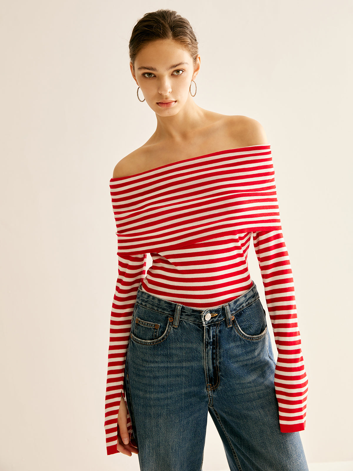 Off-Shoulder Striped Knit Top-CALLISTARI