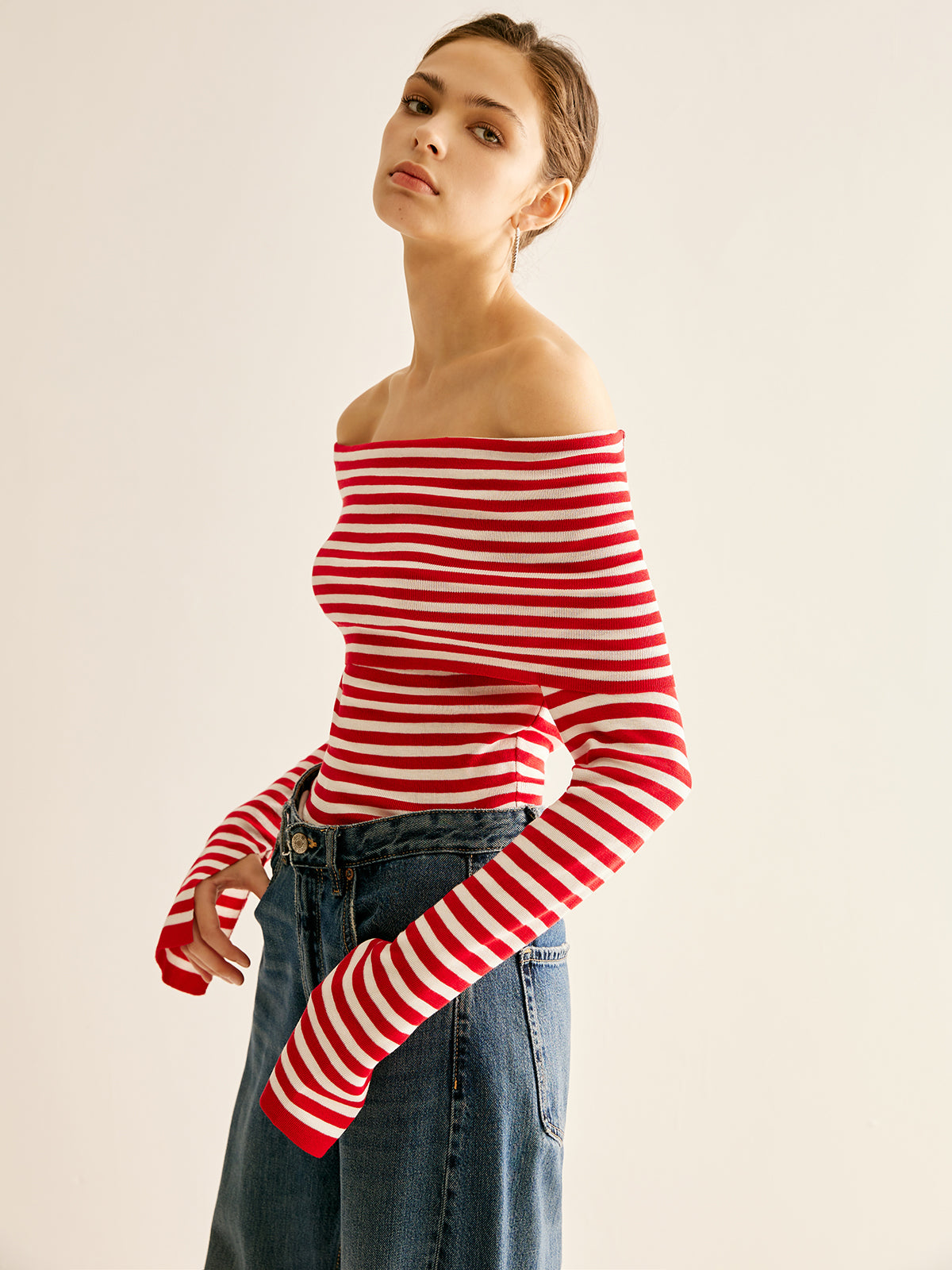 Off-Shoulder Striped Knit Top-CALLISTARI