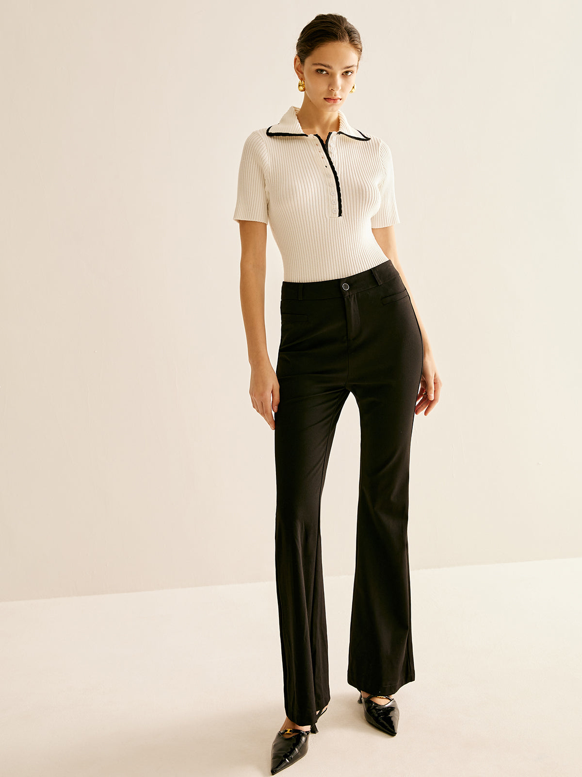 Contrast Trim Short Sleeve Polo Knit Top-CALLISTARI