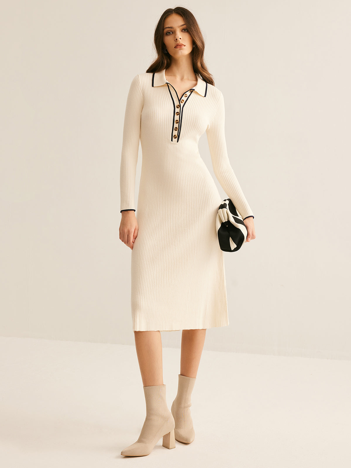 Contrast Trim Lapel Sweater Dress-CALLISTARI