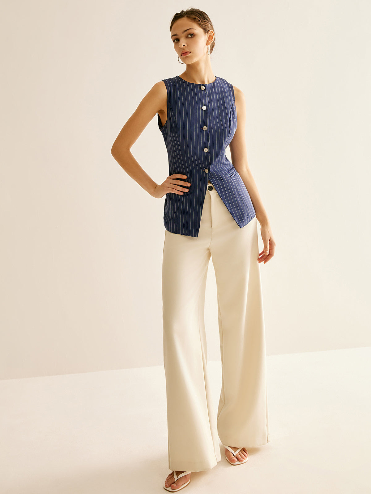 Callistari Pinstripe Button Sleeveless Shirt-CALLISTARI