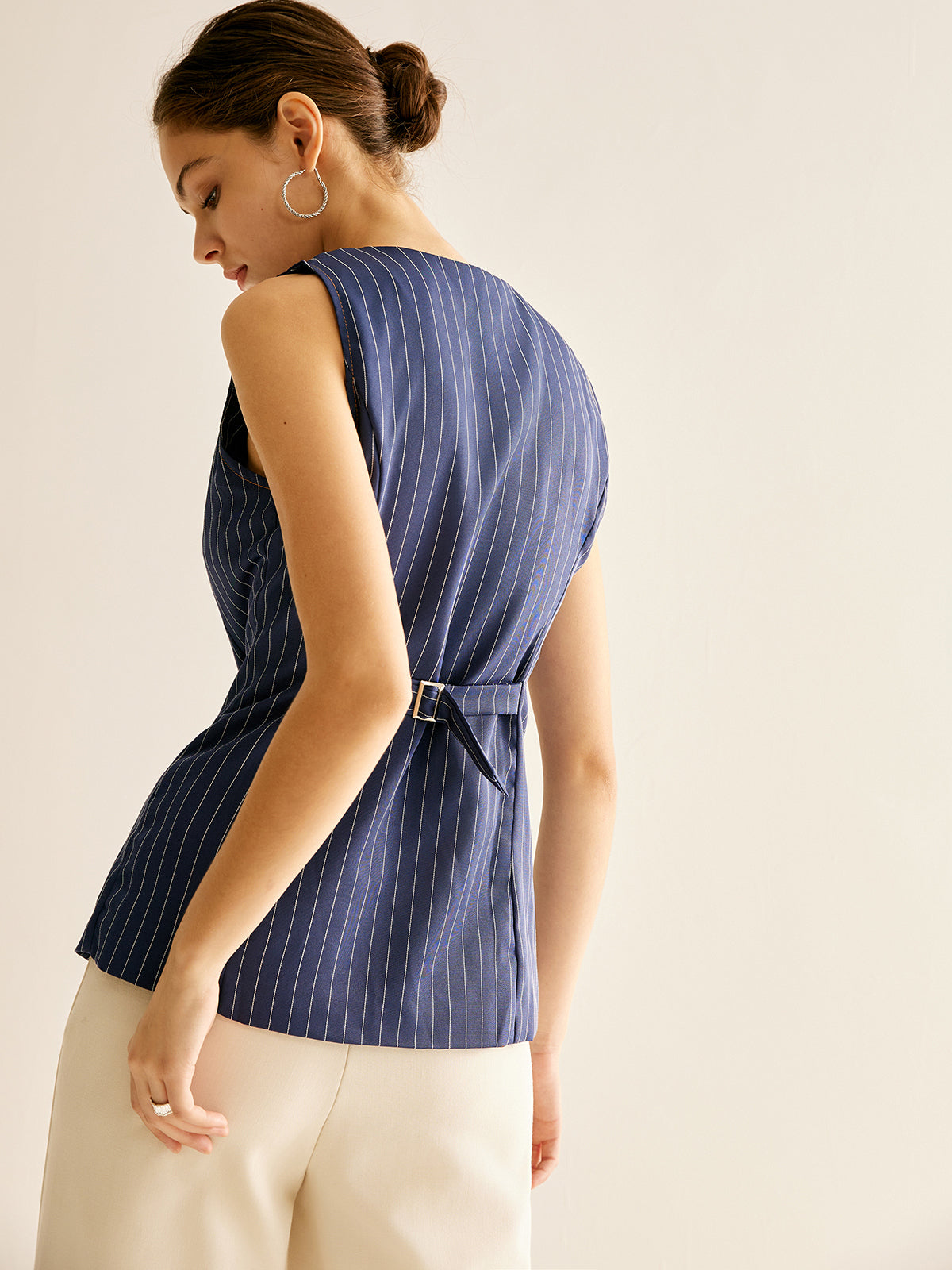 Callistari Pinstripe Button Sleeveless Shirt-CALLISTARI