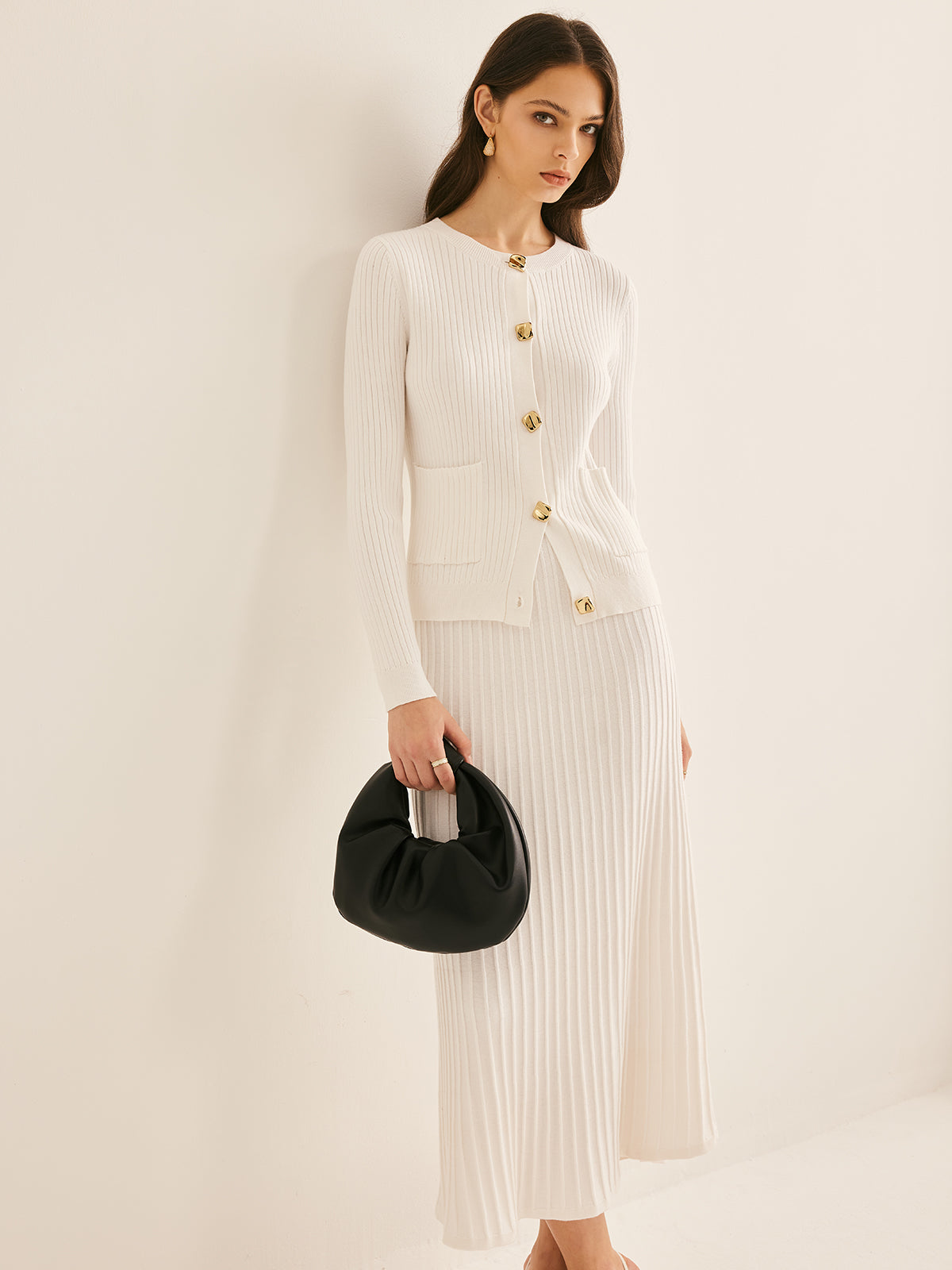 Elegant Button Pleated Sweater Co-ords-Mesadic