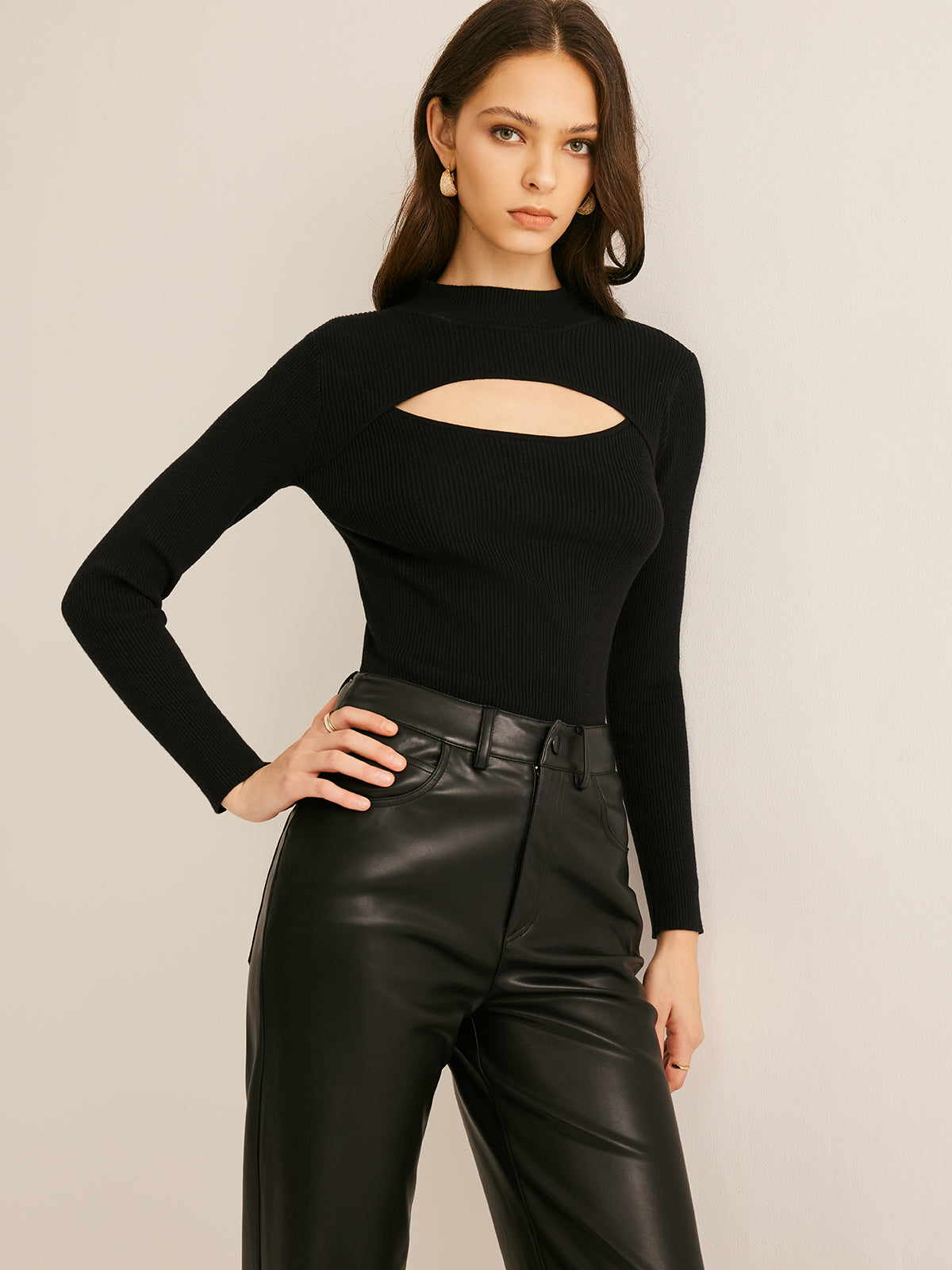 Callistari Mock Neck Cutout Ribbed Blouse-CALLISTARI