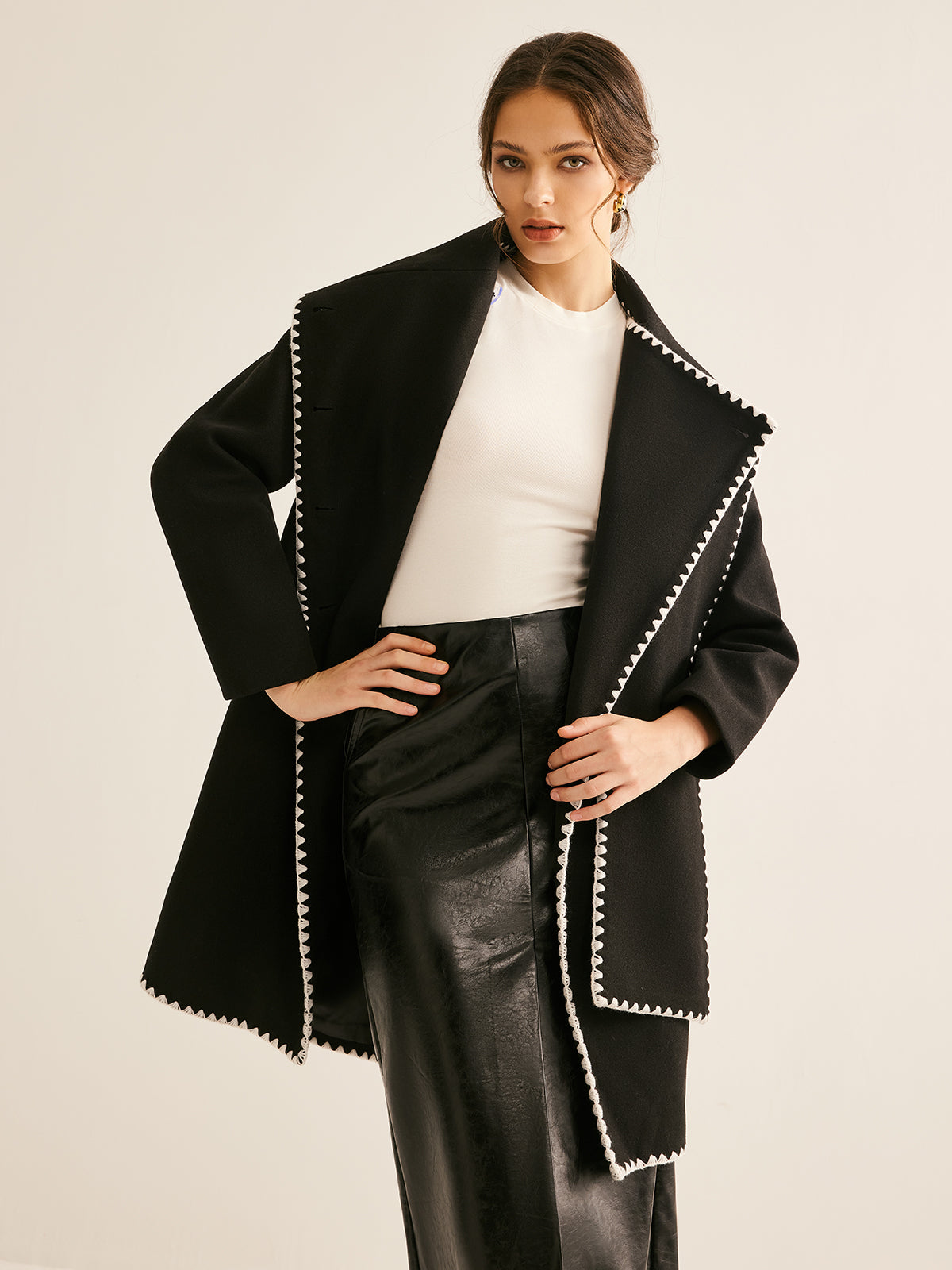 Asymmetrical Tweed Contrast Trim Wool Coat-CALLISTARI
