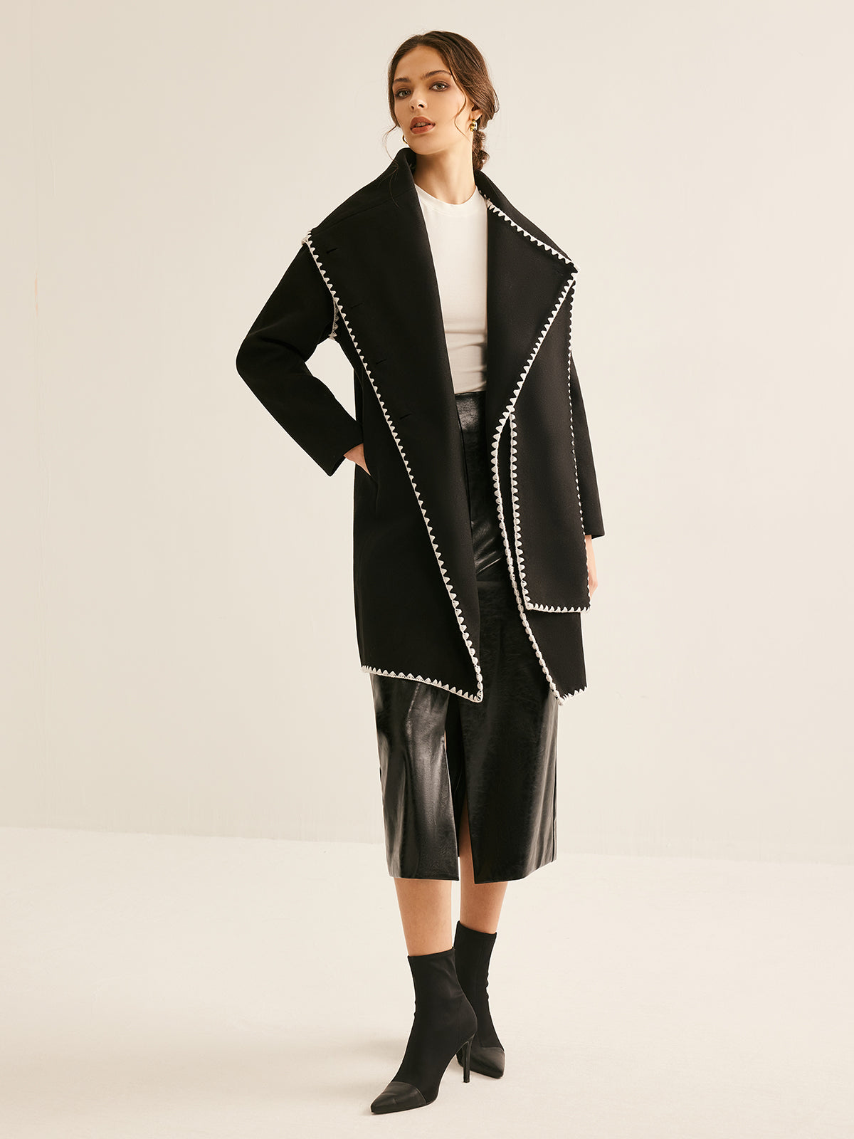 Asymmetrical Tweed Contrast Trim Wool Coat-CALLISTARI