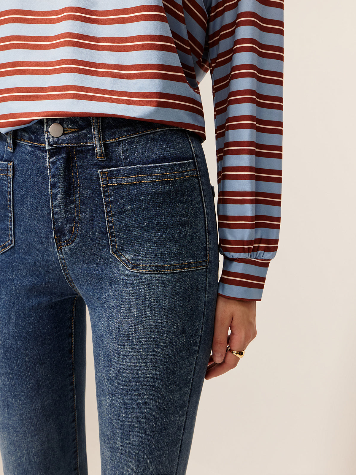 Callistari Striped Long Sleeve Lapel T-Shirt-CALLISTARI