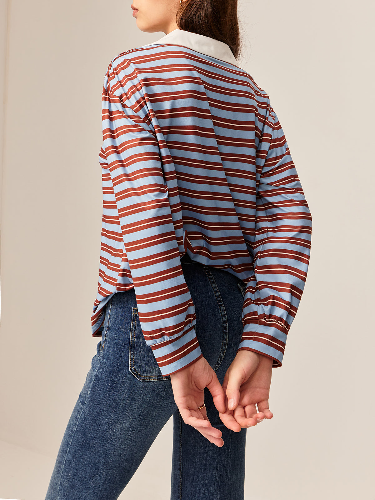 Callistari Striped Long Sleeve Lapel T-Shirt-CALLISTARI