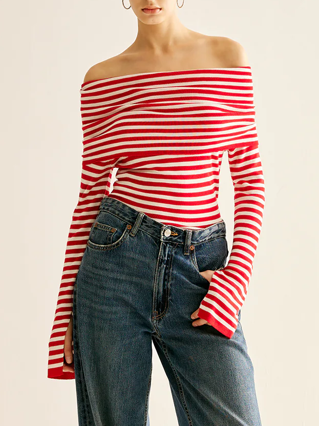 Off-Shoulder Striped Knit Top-CALLISTARI
