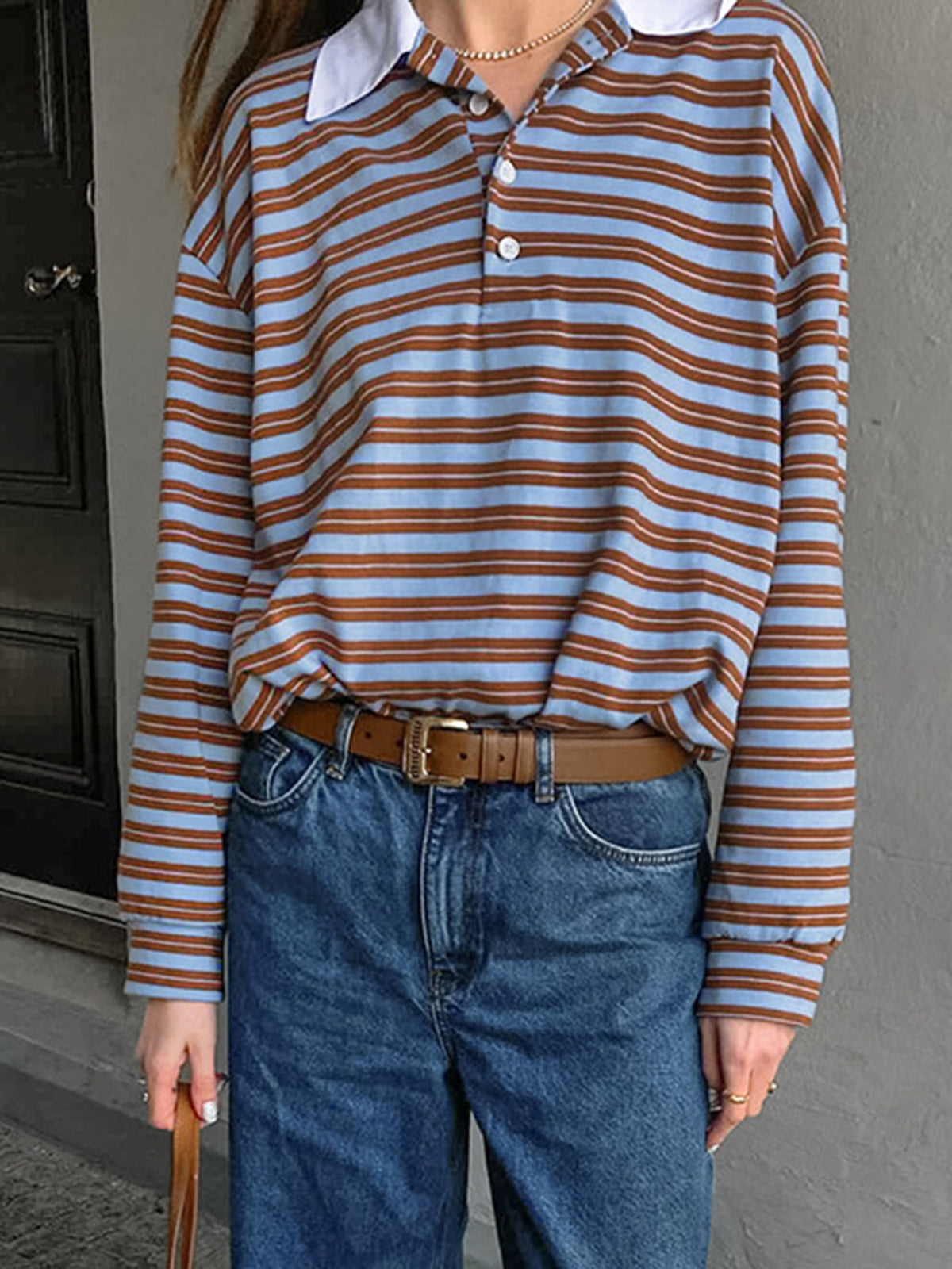 Callistari Striped Long Sleeve Lapel T-Shirt-CALLISTARI