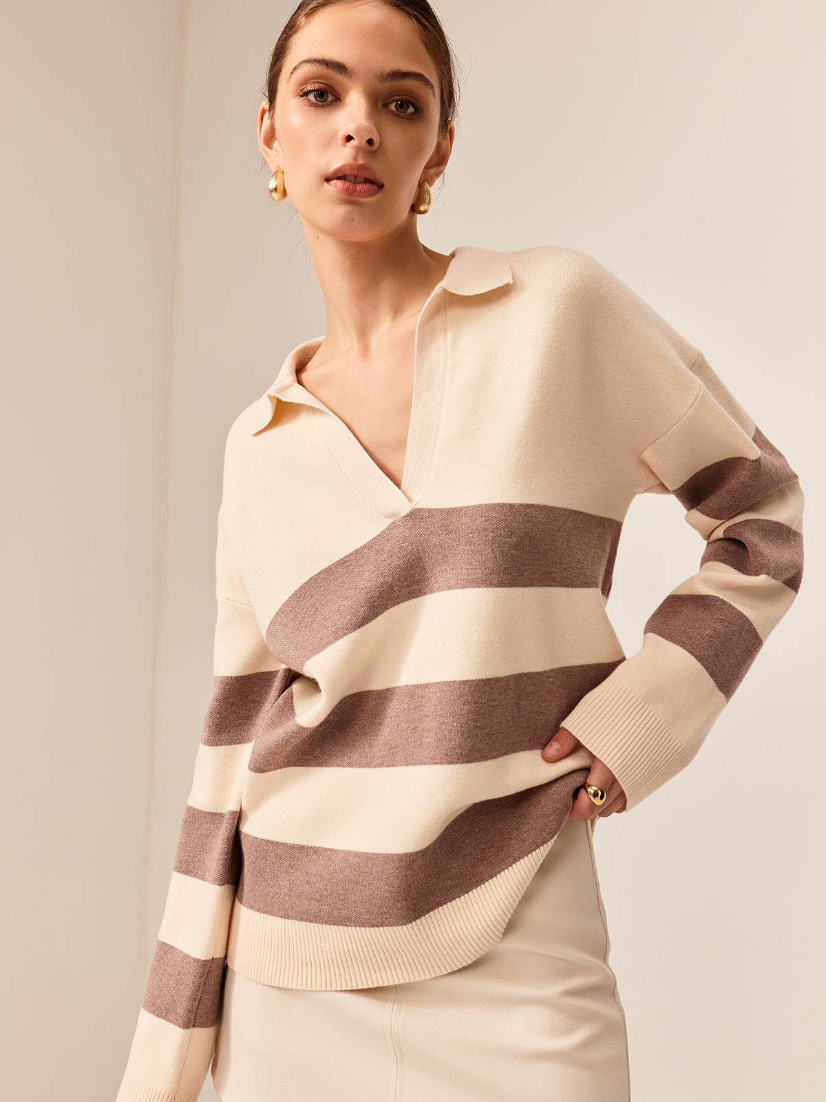 Two Tone Striped Polo Sweater-CALLISTARI