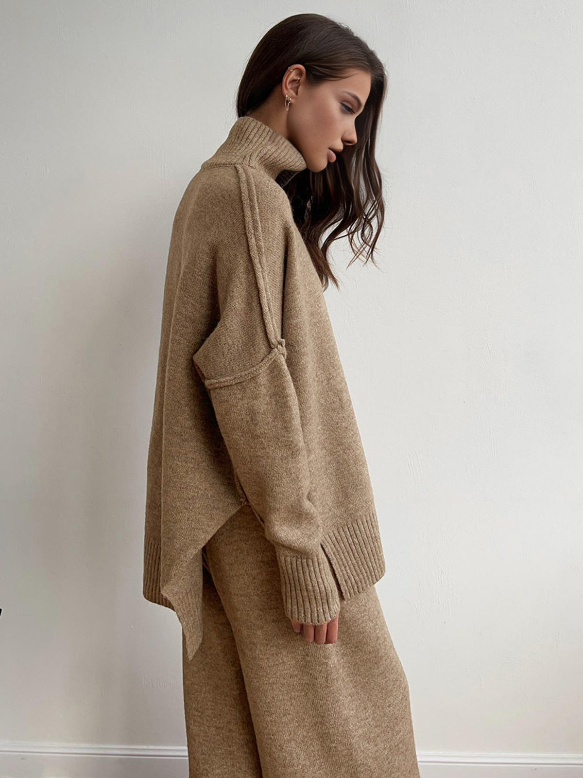 Plain Turtleneck Knit Pants Set-Mesadic