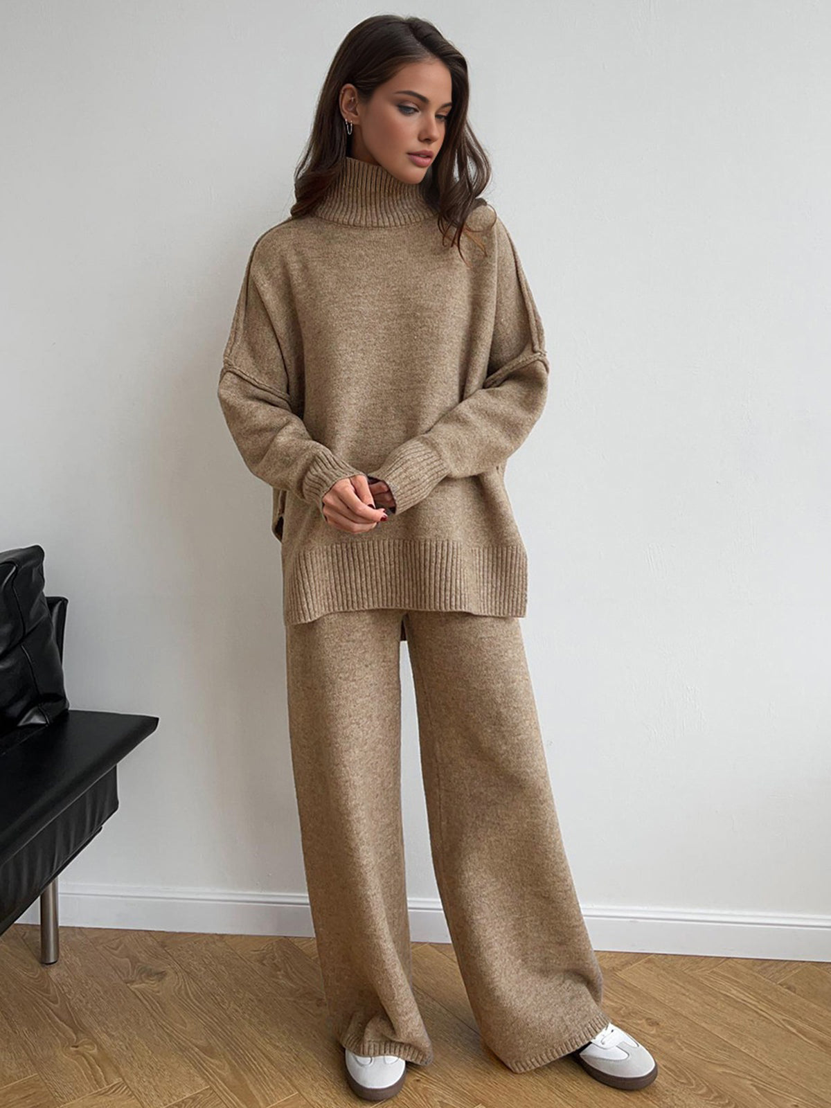 Plain Turtleneck Knit Pants Set-Mesadic