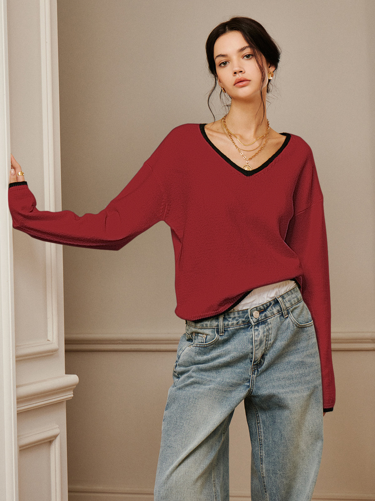 Callistari Embroidered Trim Draped Shoulder Knit Top-CALLISTARI