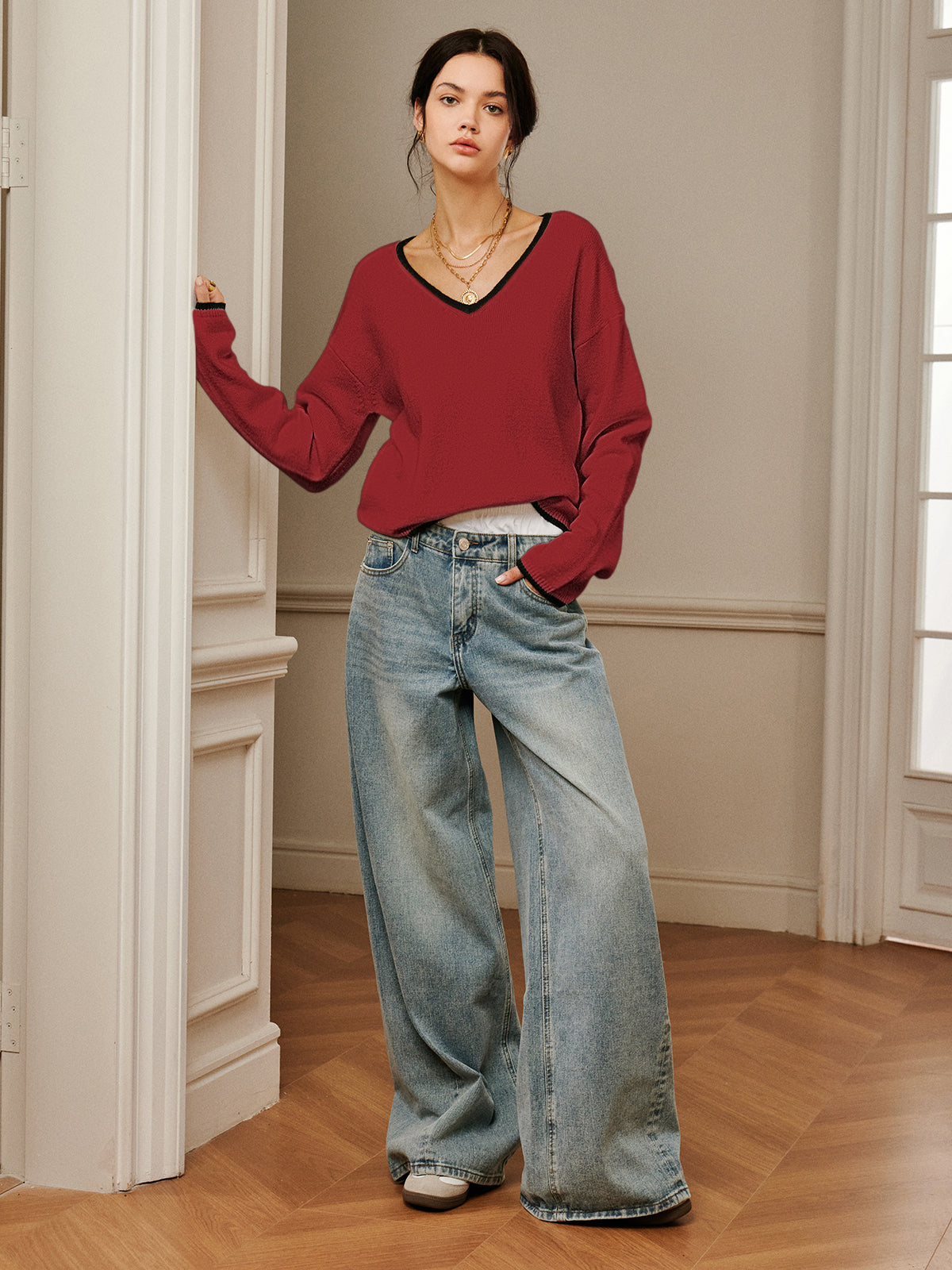 Callistari Embroidered Trim Draped Shoulder Knit Top-CALLISTARI