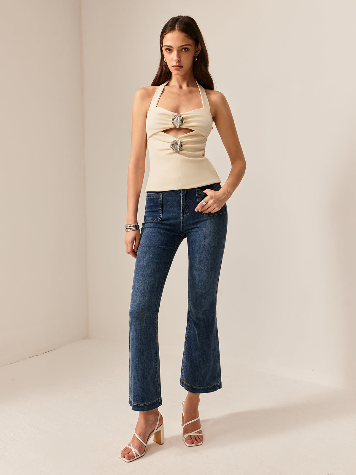 Callistari Sweetheart Pleated Cutout Halter Top-CALLISTARI