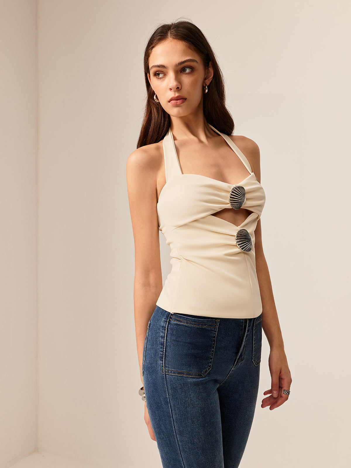 Callistari Sweetheart Pleated Cutout Halter Top-CALLISTARI