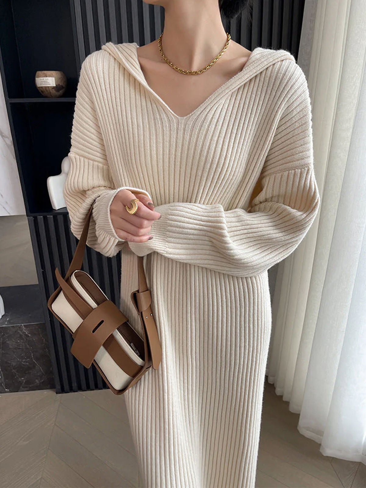Ribbed Loose Hooded Sweater Dress-CALLISTARI