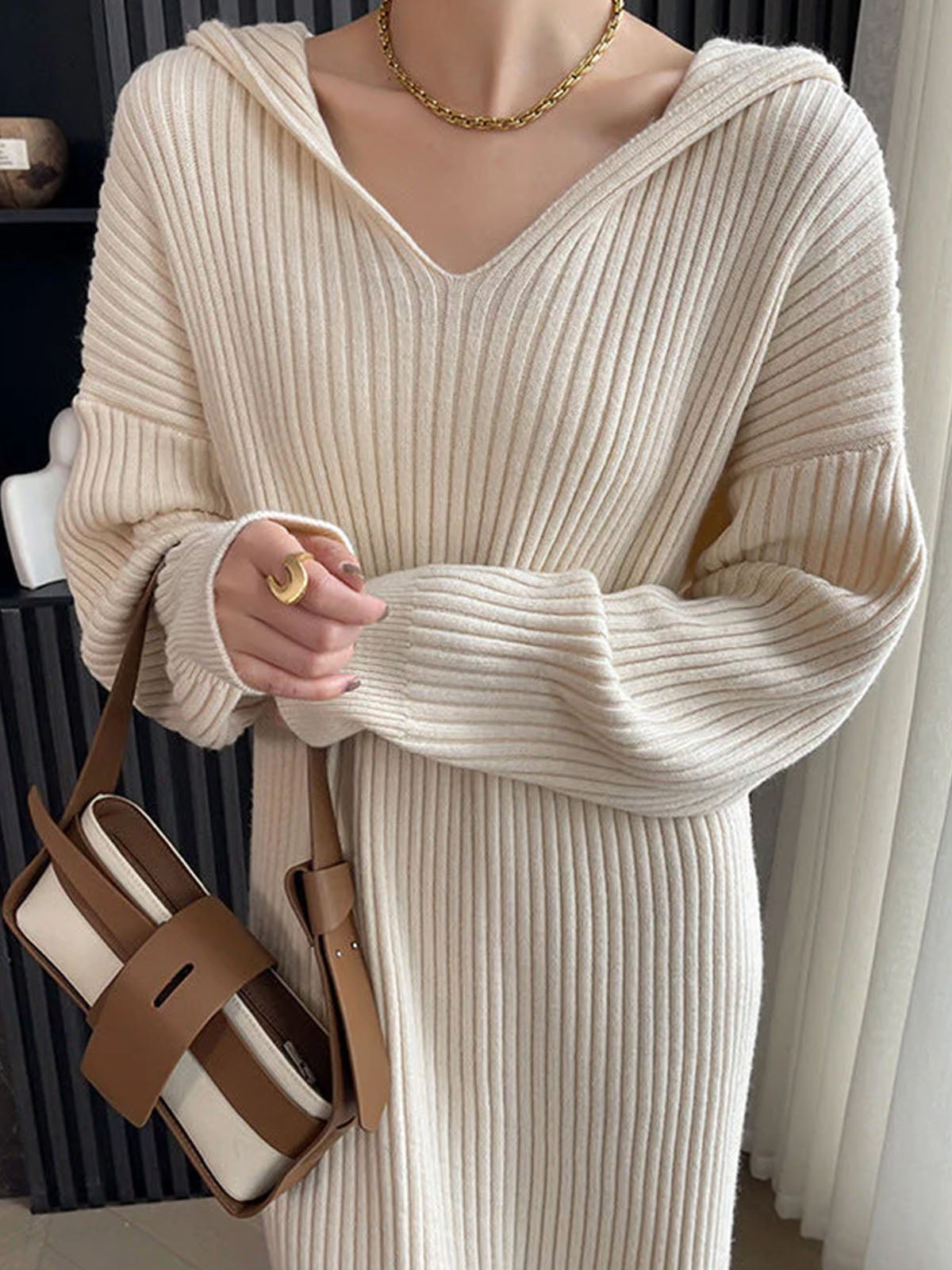 Ribbed Loose Hooded Sweater Dress-CALLISTARI